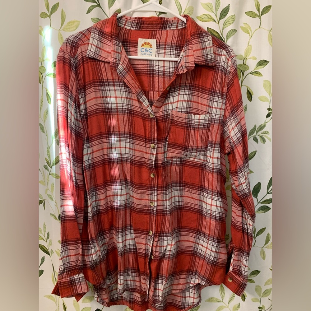 C&C California Red and White Plaid Flannel. Gently Used Large